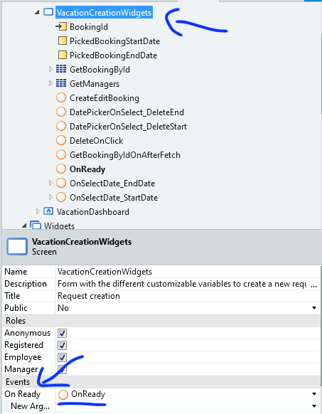 Fig. 1. Setting OnReady event for the VacationCreationWidgets screen